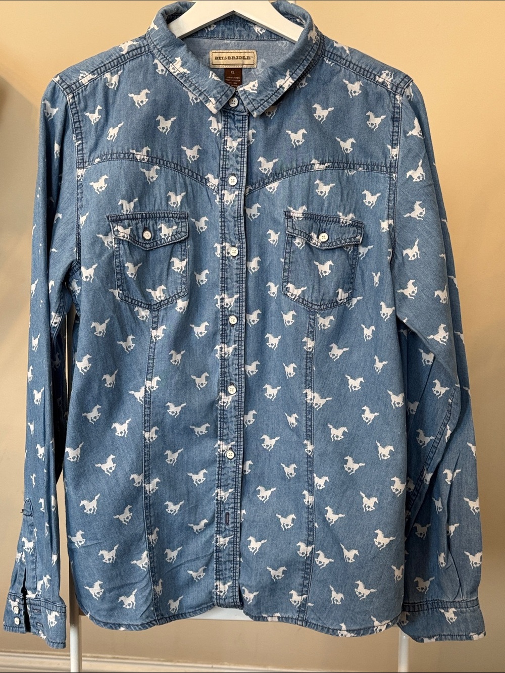 Bit & Bridle Blue Denim Button-Down Shirt with White Horse Print